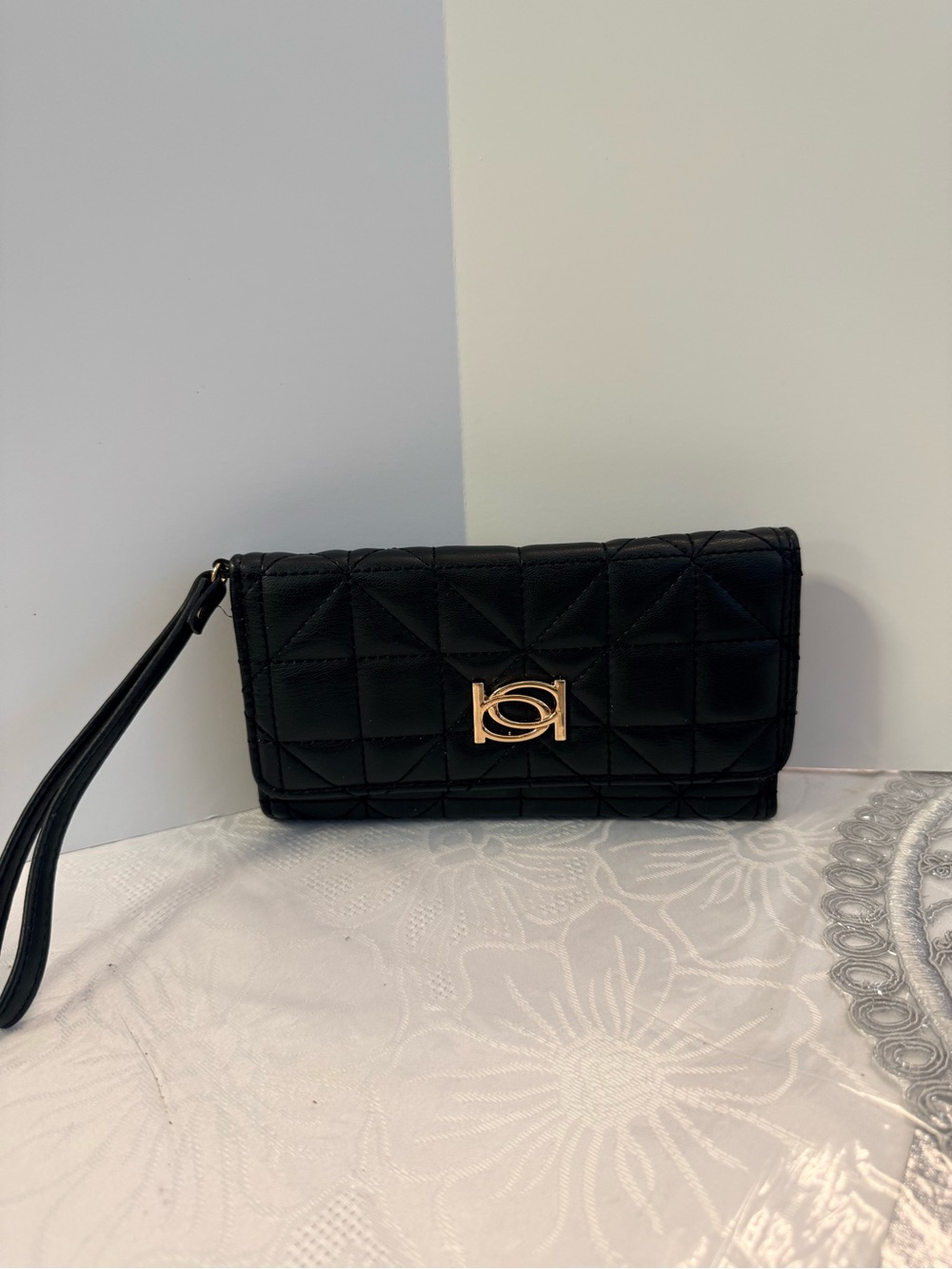 Black Quilted Wristlet Clutch with Gold Accent